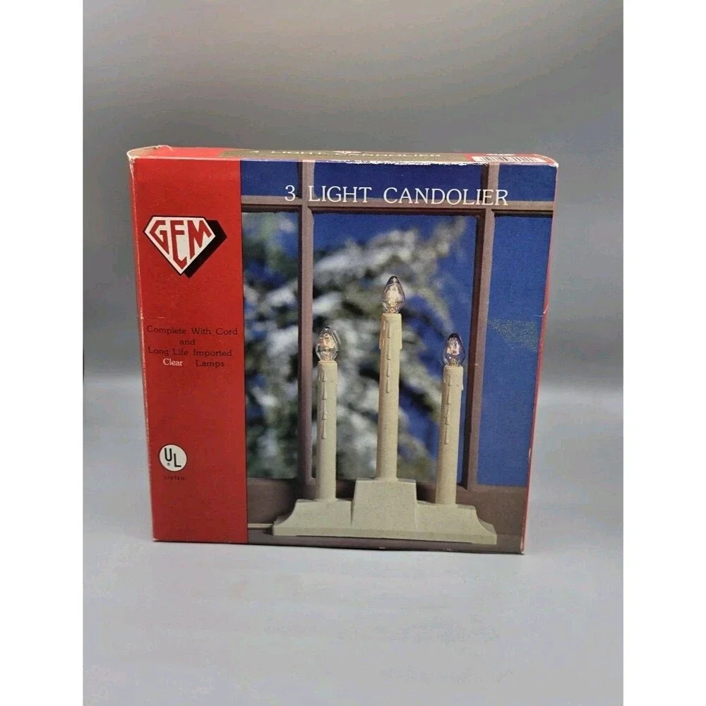 Vintage GEM 3 Light Candolier in Box Clear Lights USA Bulbs